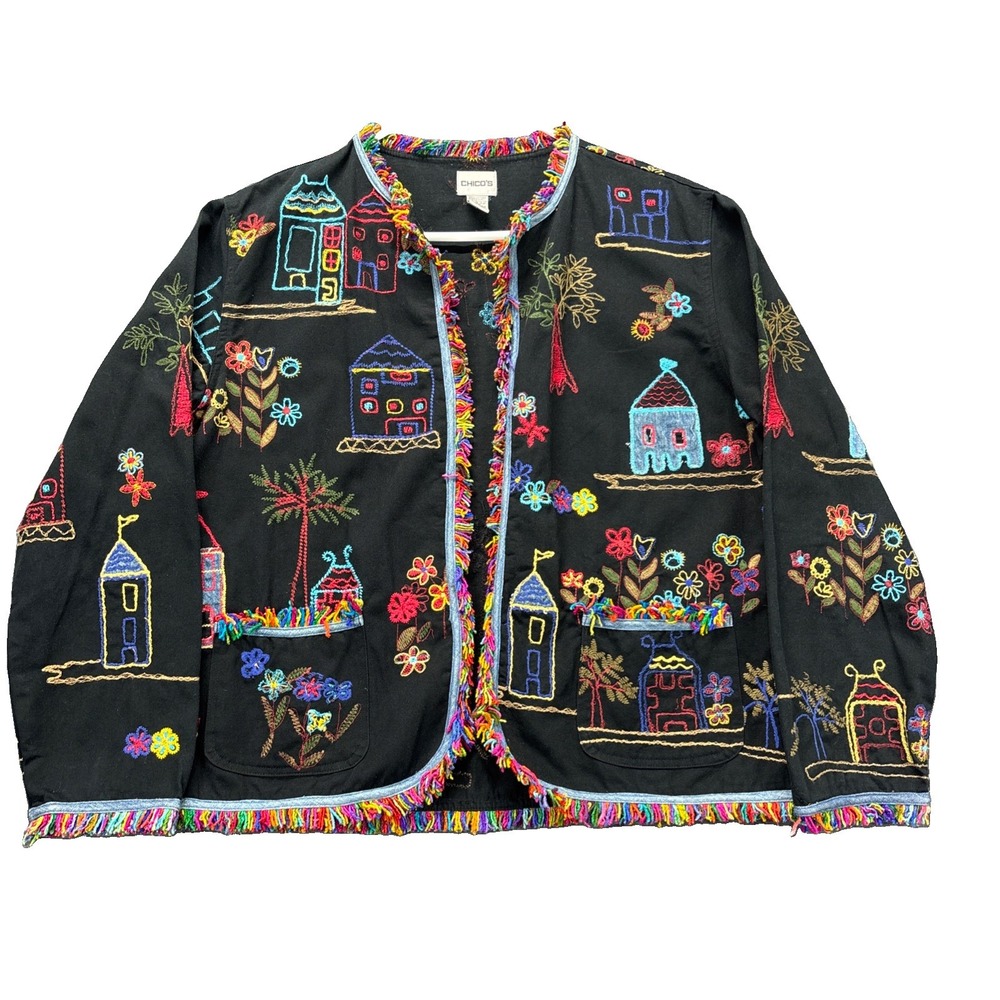 Chico's Embroidered Folk Art Jacket Women Size 2 Multicolor Floral Open Front